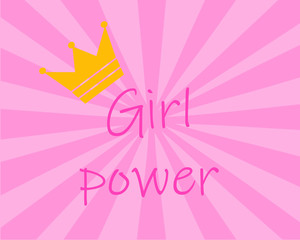  Lettering Girl power with a small golden crown on a pink striped background