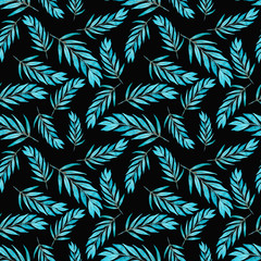 Seamless pattern with blue watercolor hand drawn flowers greeneery with gold.