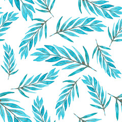 Seamless pattern with watercolor hand drawn blue greeneery with gold.
