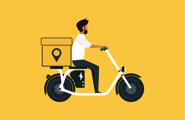 Cartoon picture with man riding fast electric scooter, Electric Bike  with a box, Eco alternative city transport. Flat style vector illustration. Male with   location. Delivery concept