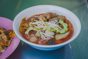 Yentafo is Pink soup noodle which famous food noodle	
