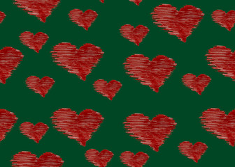 Fototapeta na wymiar seamless pattern with red hearts on green background. Love concept. St. Valentine's print. Print, packaging, wallpaper design. heart shape