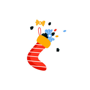 Cartoon style icon full sock of coals and sweets for Befana card. Italian Christmas holiday. Simple objects for Happy Epiphany day.
