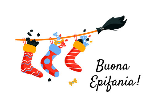 Good Epiphany. Greeting card with full socks of coals and sweets flying on broom. Befana italian Christmas holiday.