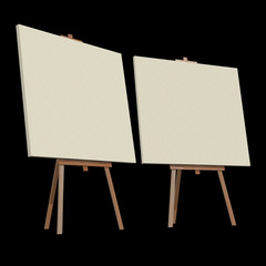 Blank wood easel with canvas. 3d render on black background.