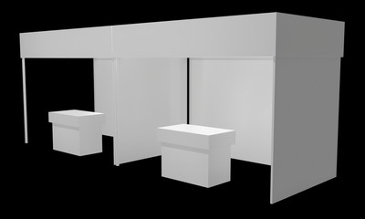 Trade Show Booth White and Blank. Indoor Exhibition with Work Paths. 3d render on black background. High Resolution Ad Template for your Expo design.