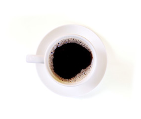 Top view of Cup of coffee on white background, Black coffee in a coffee cup top view isolated on white background
