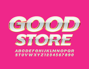 Vector chic emblem Good Store. White and Golden Alphabet Letters and Numbers. Shiny Luxury Font