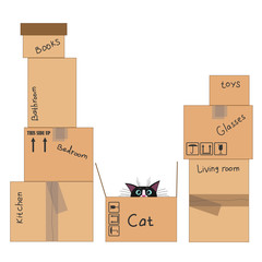 Many of empty boxes for moving with inscriptions