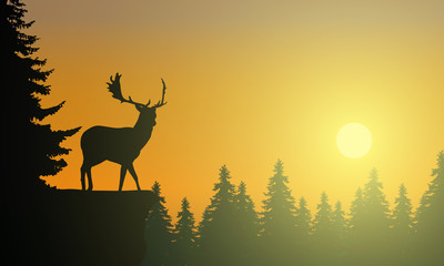 Realistic illustration of mountain landscape with silhouette of coniferous forest and deer under morning or evening orange sky with sunrise or sunset. Space for your text, vector