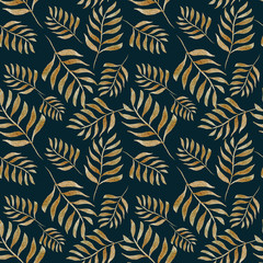 Seamless pattern with watercolor hand-drawn golden floral branches.