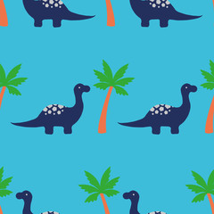 Vector dinosaur and palm trees seamless pattern background. Perfect for fabric, scrapbooking, wallpaper projects.