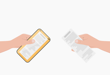 Digital bill for mobile payment. Consumer holding in hands smartphone and check to pay for online goods. Vector illustration