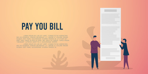 Receipt bill and people with paper invoice, design template, flat vector illustration