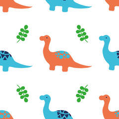 Vector dinosaurs and leaves seamless pattern background. Perfect for fabric, scrapbooking, wallpaper projects.