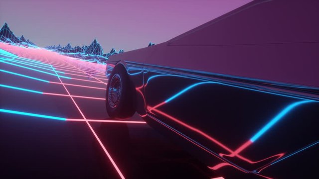 Retro car of the future, retrowave style back to the 1980's. 4k