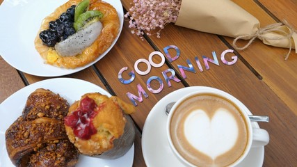 Coffee And Bakery Dessert On Wooden Table. Fashion Flat Lay