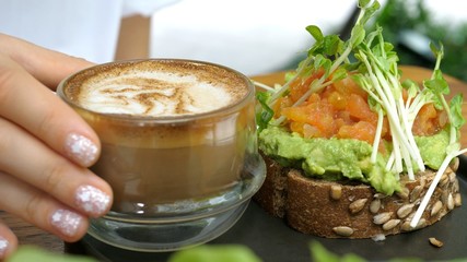 Healthy Breakfast With Coffee And Avocado Toast Closeup