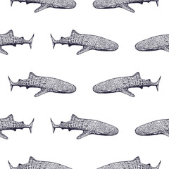 Obraz premium Seamless pattern of hand drawn sketch style abstract ethnic sharks isolated on white background. Vector illustration.