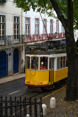 Cable car on street, Lisbon, Santo Antonio church, Lisboa Region, Portugal