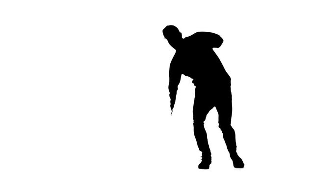 black silhouette on a white background, guy dancing break dance, hip hop, street dancing in the studio, isolated