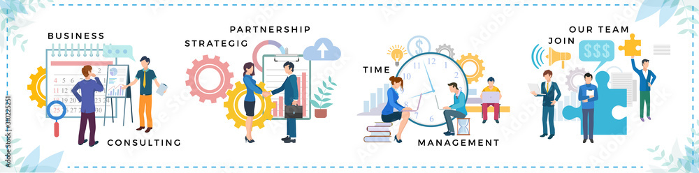 Wall mural Business consulting strategic partnership time management join our team. People shaking hands, discussing work and communication with computer. Man and woman brainstorming and presenting vector