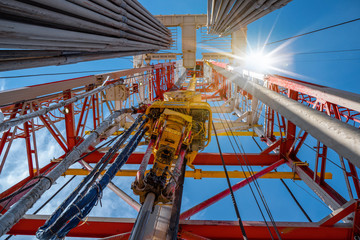 Drilling rig in oil field for drilled into subsurface in order to produced crude, inside view. Petroleum Industry. Onshore drilling rig.