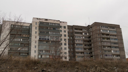 Soviet apartment building. Concrete apartment building. Soviet architecture.Monolithic building.