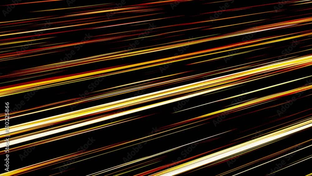 Poster golden light rend line and stripes moving fast over dark background. 3d rendering.
