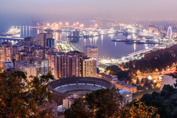 Panorama of Malaga on the Spanish Mediterranean coast at night. View of the city on the Costa del Sol with illuminated harbor, residential buildings, trees, street lamps, ferris wheel, ships