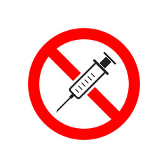 No drugs allowed red no sign. Isolated vector illustration. No syringe sign. Stop silhouette symbol. Medical drug icon. Syringe injection icon.