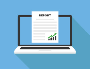 Fototapeta premium Laptop with paper report. Isolated vector illustration. Flat design. Financial market vector illustration. Graphic vector. Feedback report concept.