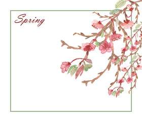 Watercolor hand painted nature floral composition with brown branches, pink blossom flowers and green leaves on the white background with squared border frame and spring text for invite and greeting