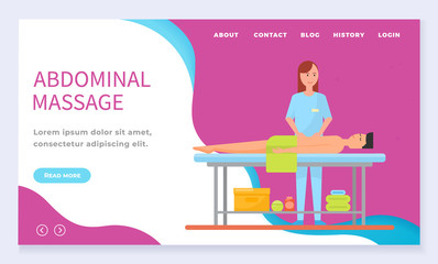 Masseuse with client giving abdominal massage therapy. Client and specialist at spa salon therapy. Professional and ill patient. Website or webpage template, landing page, vector in flat style