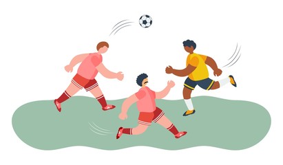 Three football players with a ball on a field