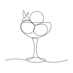 Cocktail glass with ice cream balls in continuous line art drawing style. Black line sketch on white background. Vector illustration
