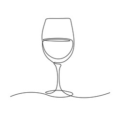 Glass of wine in continuous line art drawing style. Minimalist black line sketch on white background. Vector illustration