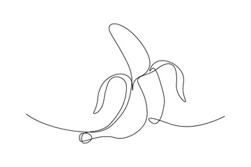 Peeled banana in continuous line art drawing style. Black line sketch on white background. Vector illustration