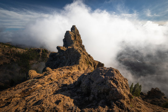 Pico de los Nieves peak in Gran Canaria with low clouds and good light.