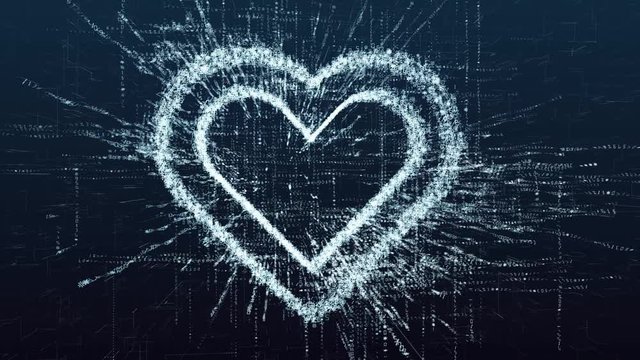 Modern virtual love. The role of digital technology in people's relationships. Electronic heart consisting of symbols and digits of the program code. Emotional connection on the Internet.