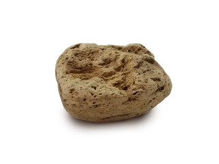 pumice rock isolated on white background. Pumice is an extrusive igneous rock with a vesicular texture and very low specific gravity. There is noise and grain caused by the texture of the stone. 