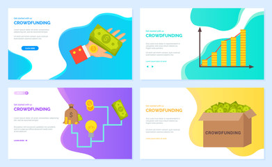 Obraz na płótnie Canvas Crowdfunding vector, infocharts with information about business, box with banknotes and hand holding cash American dollars. Coin and bag. Website or webpage template, landing page flat style