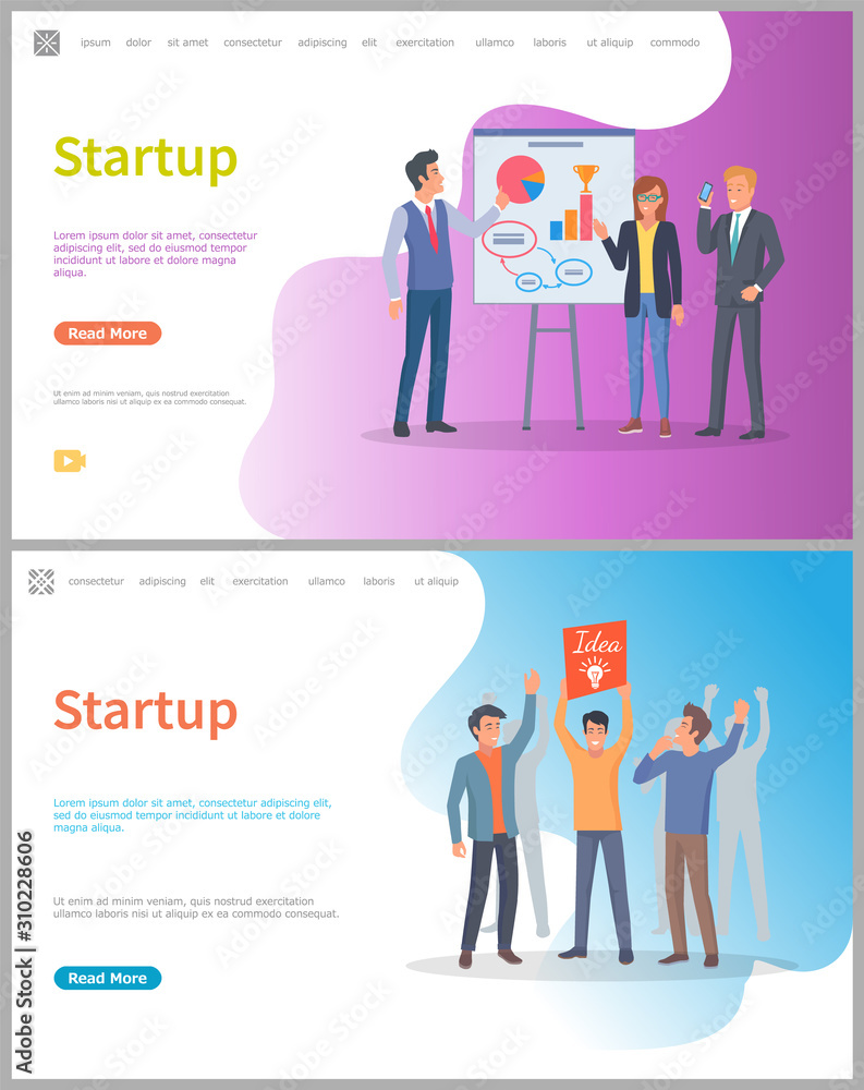 Aufkleber startup beginning of new project vector. people with happy faces with idea on banner in hands. diagr