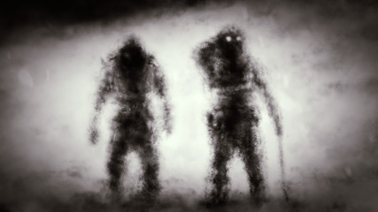 Two travelers stopped in the midst of a snowstorm in the mountains.