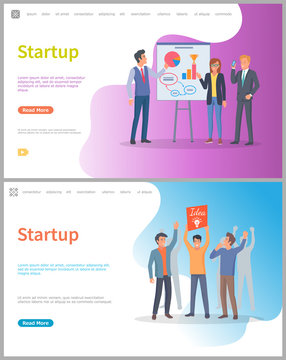 Startup Beginning Of New Project Vector. People With Happy Faces With Idea On Banner In Hands. Diagram And Info Charts, Infographics On Board. Website Or Webpage Template, Landing Page Flat Style