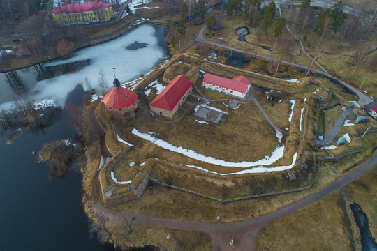 Top view of the ancient Korela fortress on an April cloudy day (aerial photography). Priozersk, Russia