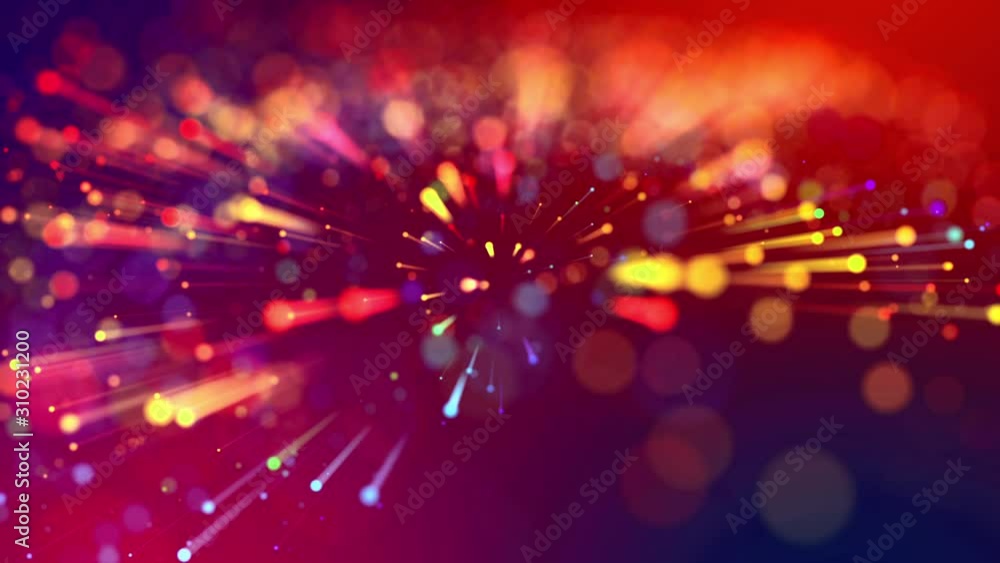 Poster multicolored light rays like laser show. 4k abstract background with shining bokeh sparkling particl