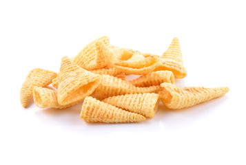Crunchy corn snacks on a white background