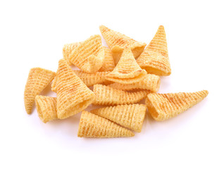 Crunchy corn snacks on a white background