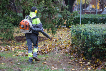 Worker operating heavy duty leaf blower in a park.